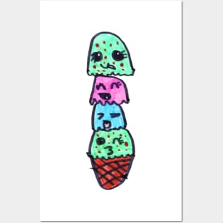 Ice Cream Art | Kids Fashion | Kids Drawing | 4 Scoops | Mint Chocolate Chip | Waffle Cone Posters and Art